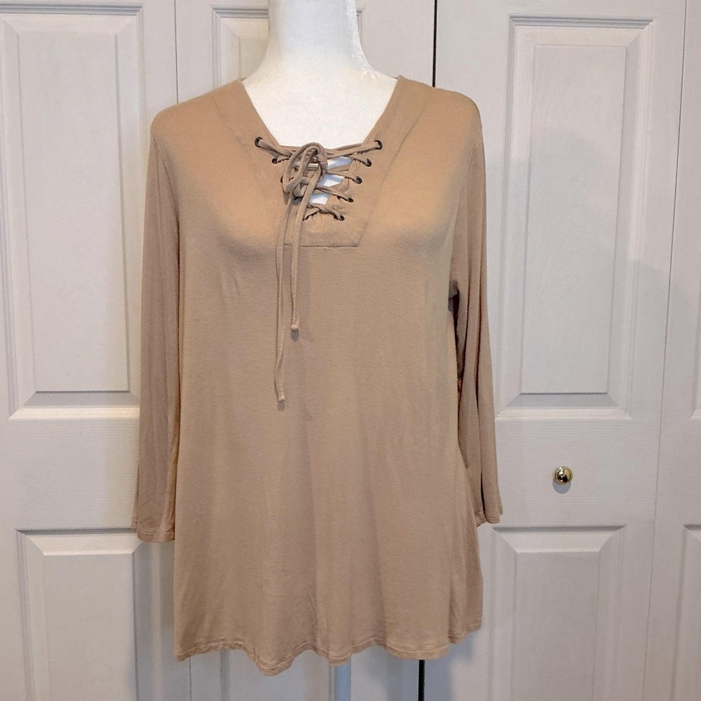 🌹 Marled Tan / Beige Lace Up Long Sleeve Shirt Top - M